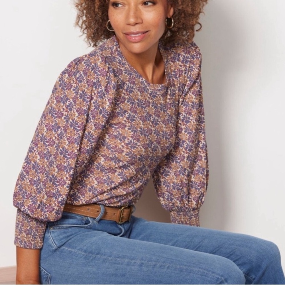 Nation LTD Floral LOREN Women's Top puff sleeve purple beige gold crew neck med